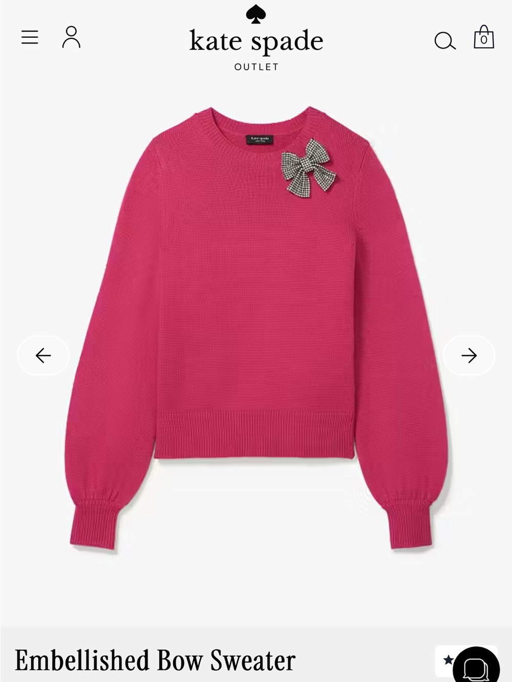 kate spade Hot Pink Crewneck Sweater with removable Crystal Bow Pin